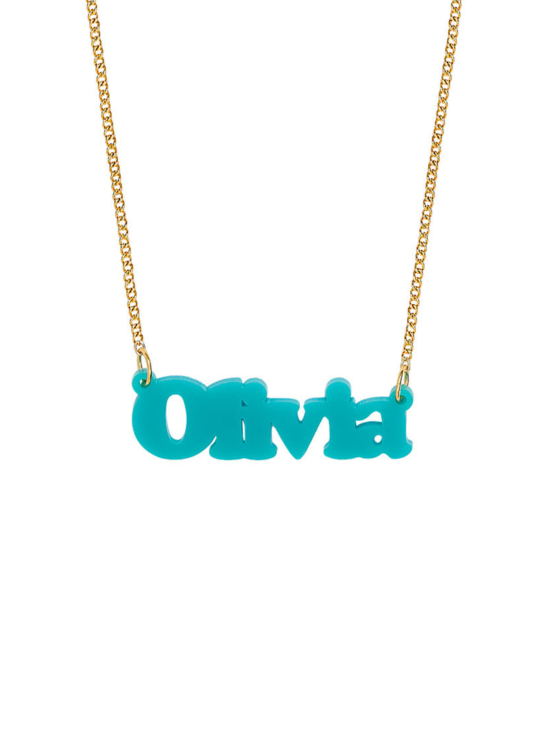 Turquoise acrylic name necklace saying 'olivia'