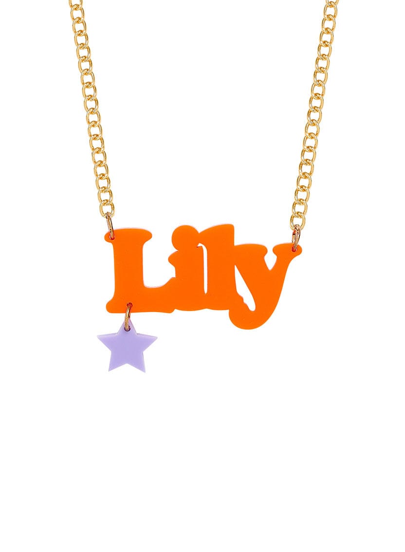 Orange Acrylic Name Necklace with a Lilac Star Charm strung on a gold-plated bold necklace chain