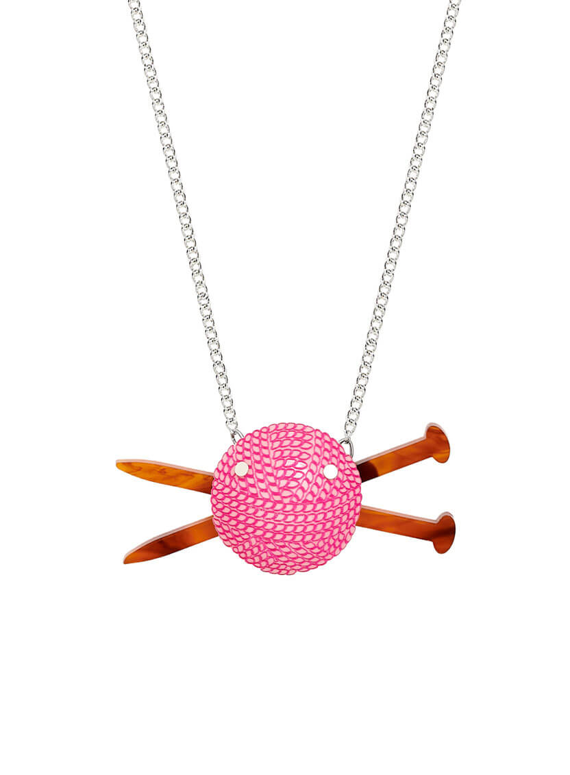 Pink Ball all of Wool Necklace with Tortoiseshell knitting needles