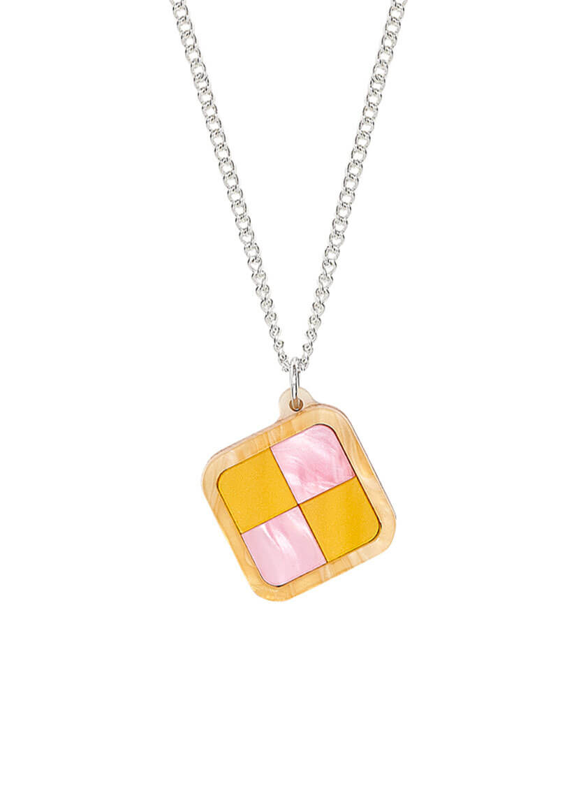 Battenberg Cake Pendant handmade from pearlescent pink and yellow acrylic