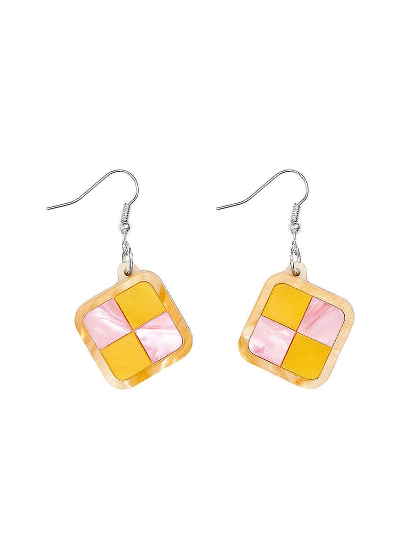 Battenberg Cake Earrings handmade from pearlescent pink and yellow acrylic