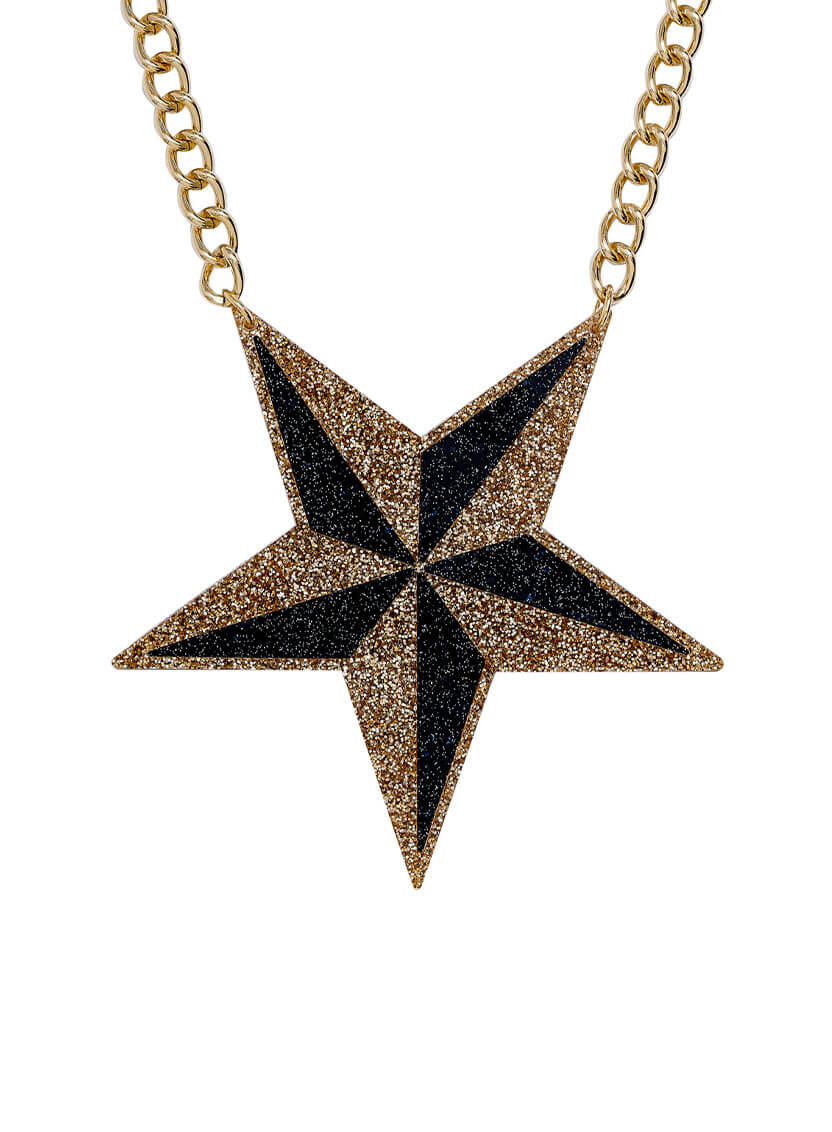 Large black and gold glitter star necklace made from acrylic