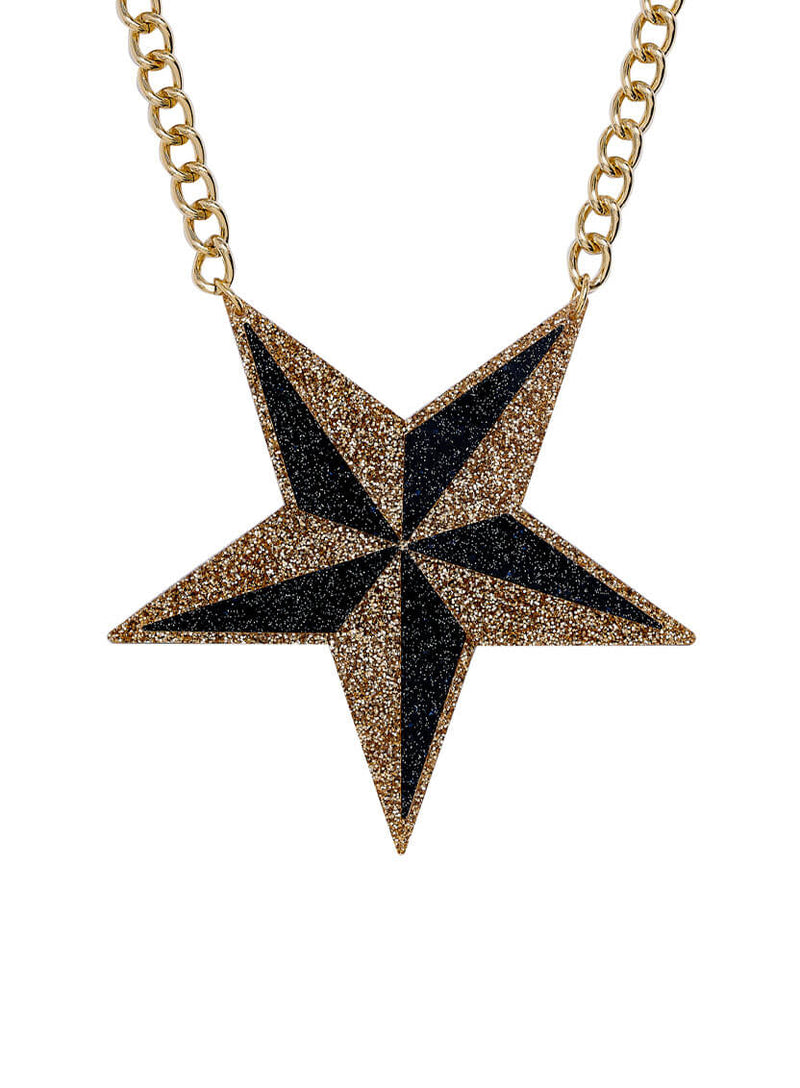 Large black and gold glitter star necklace made from acrylic