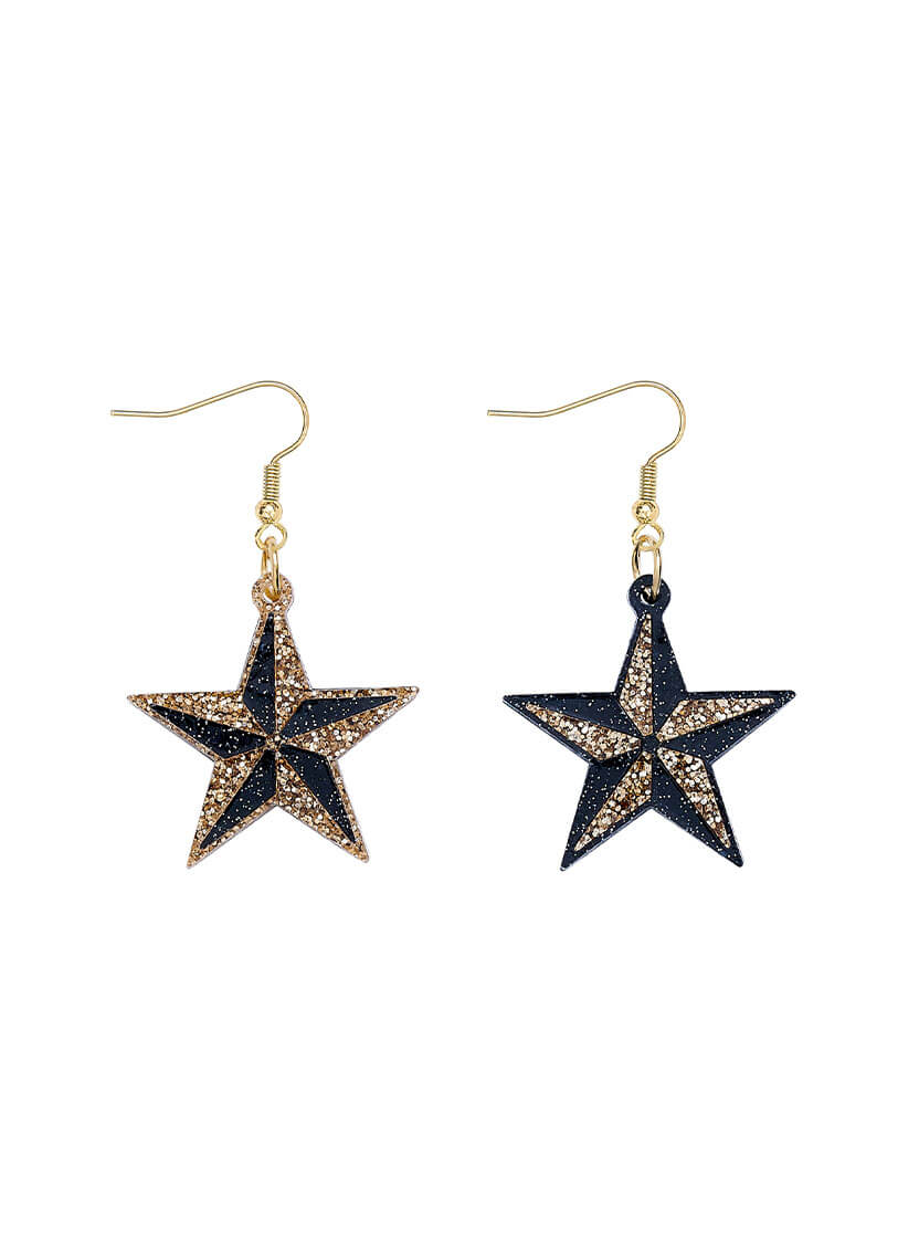 Small black and gold glitter star earrings made from acrylic