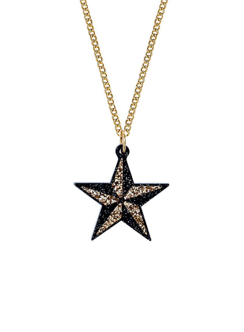 Bodymap star pendant made from black and gold glitter acrylic