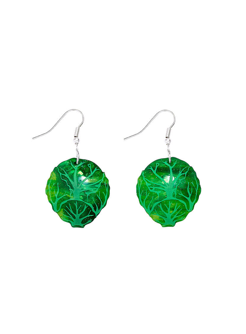 Brussels Sprout Earrings made from glitter-flecked green acrylic