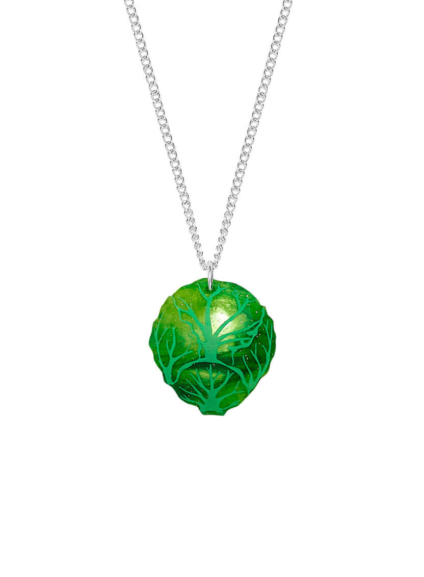 Brussels Sprout Pendant made from glitter-flecked acrylic