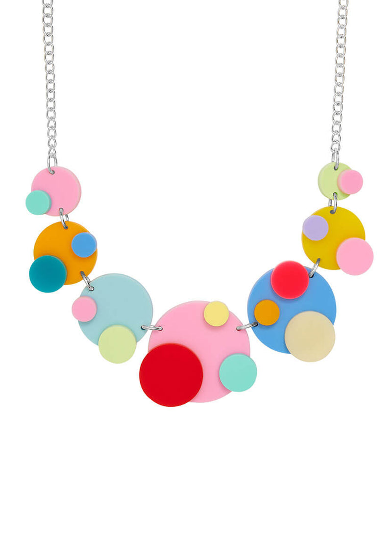 Multi coloured necklace made up of acrylic polka dot circles