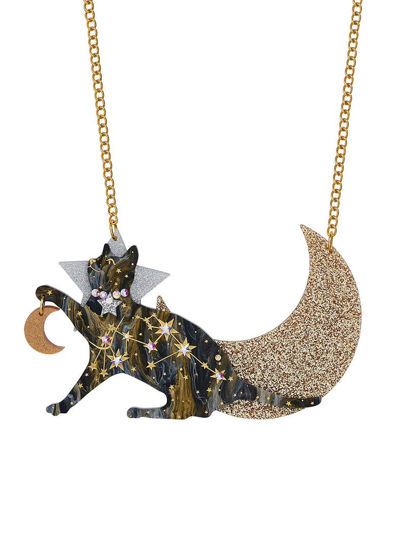 Cosmic Cat and Moon Statement Necklace with gold glitter moon