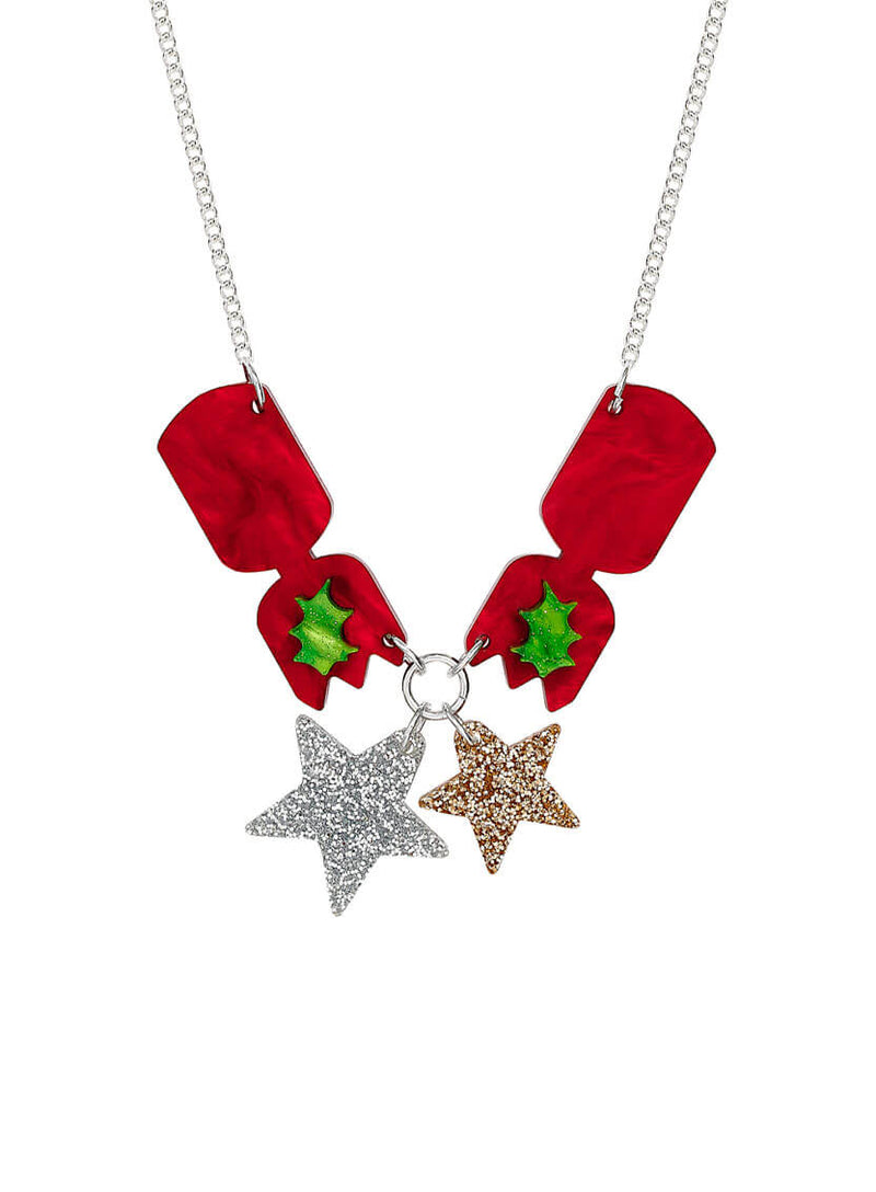 Red Christmas Cracker Necklace with Holly and Stars