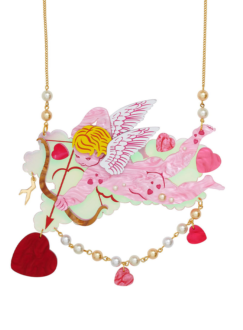 Pink Cherub Cupid's Bow Heart Necklace