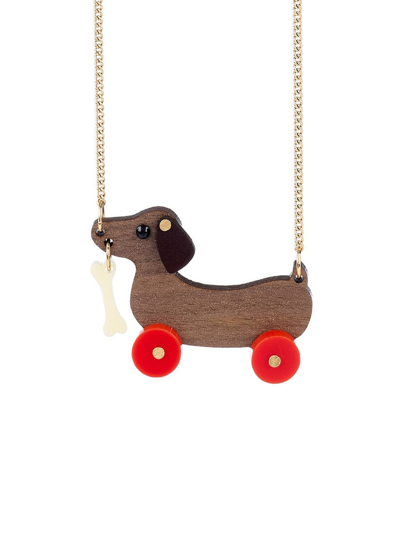 Dog on Wheels Necklace made from wood and recycled acrylic