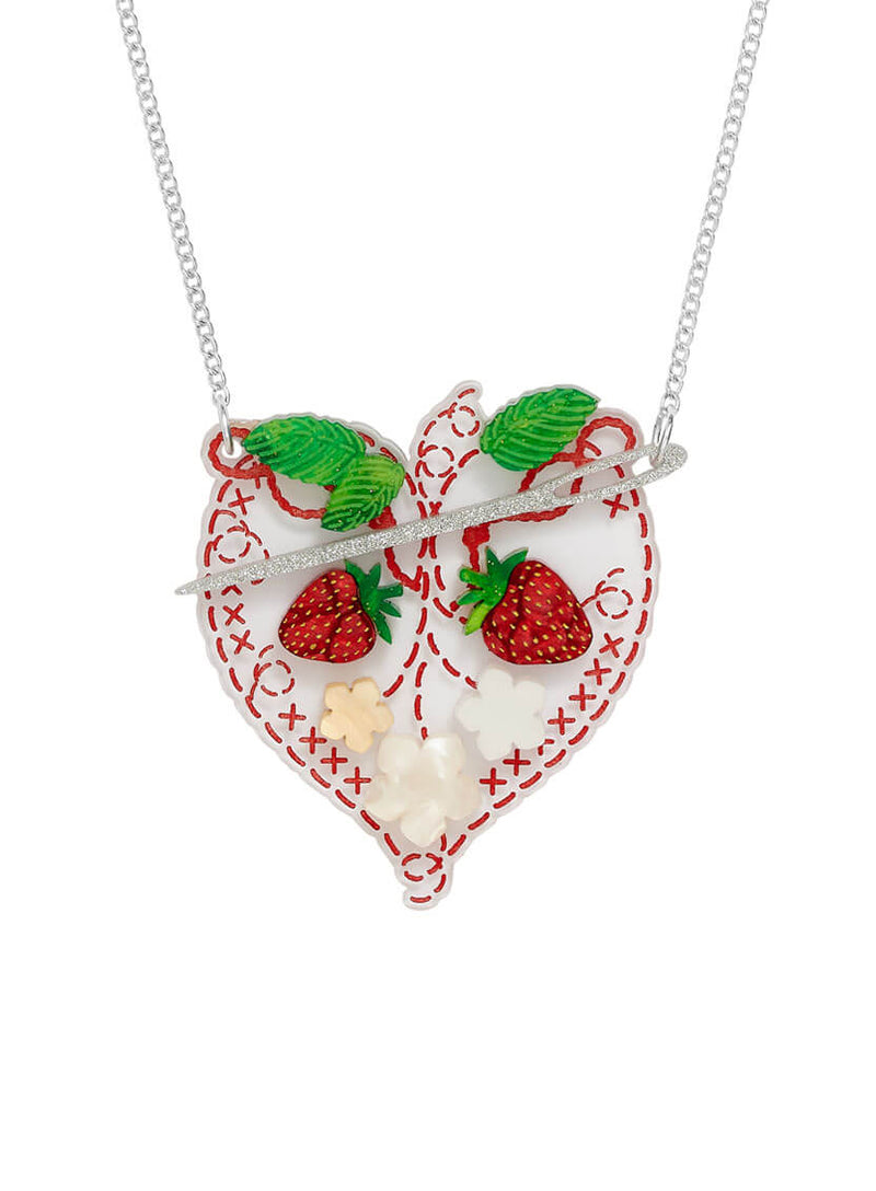 Embroidery Heart Necklace made from clear recycled acrylic etched and inked and adorned with strawberries