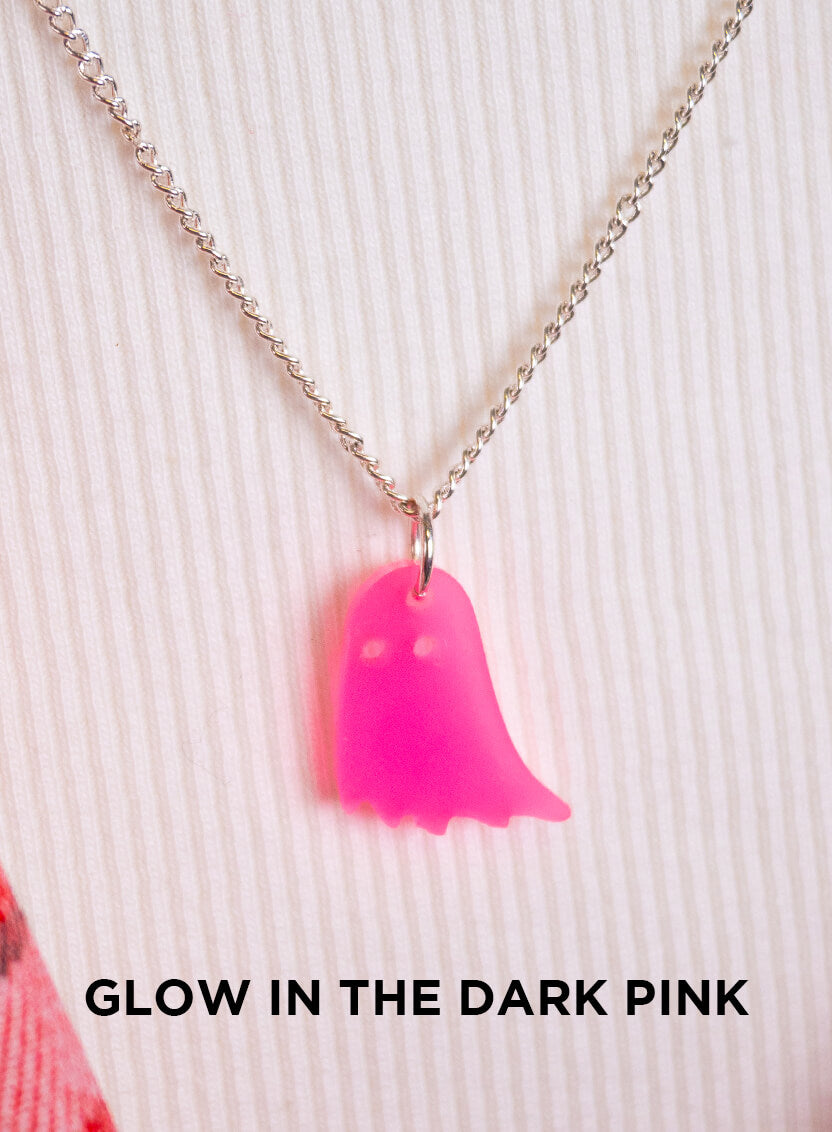 Ghost pendant made from glow in the dark pink acrylic