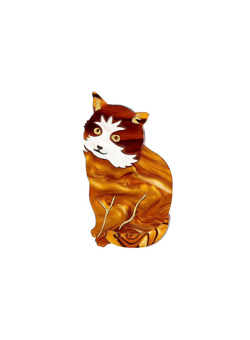 Brown Tortoiseshell Cat Brooch hand-inked with gold details and white face