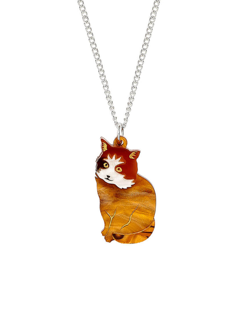 Tortoiseshell tabby cat necklace made from brown acrylic