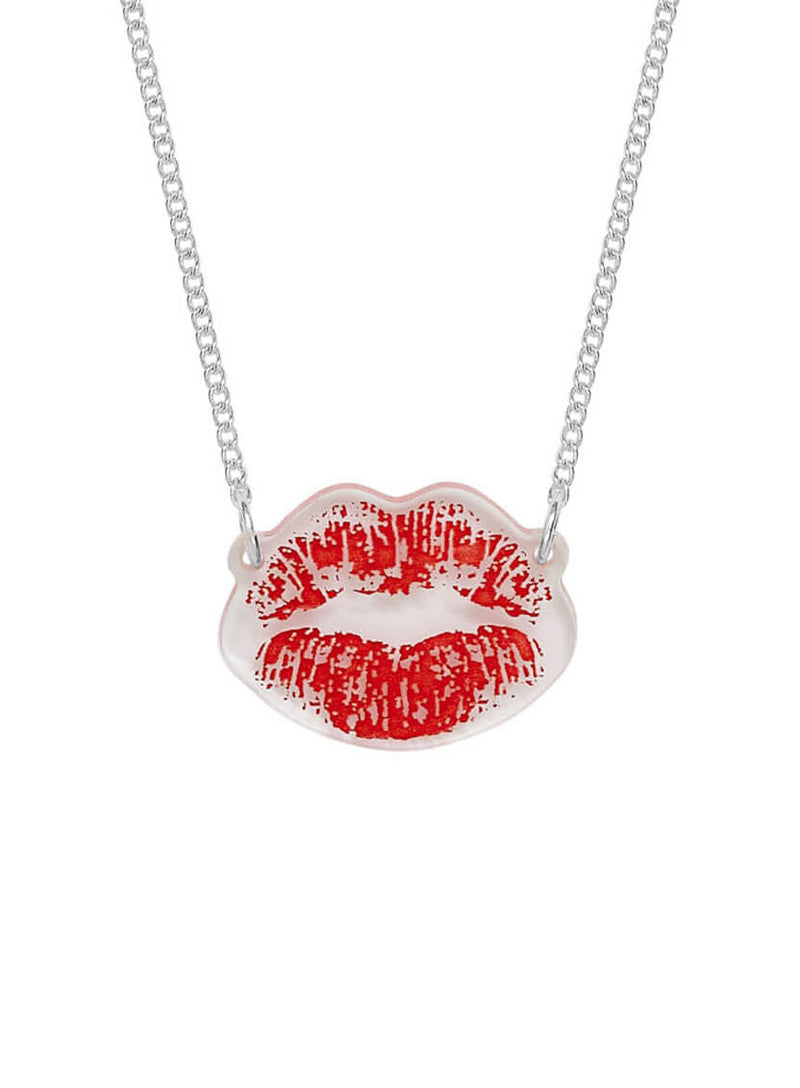 Lipstick mark necklace etched and inked on recycled clear acrylic