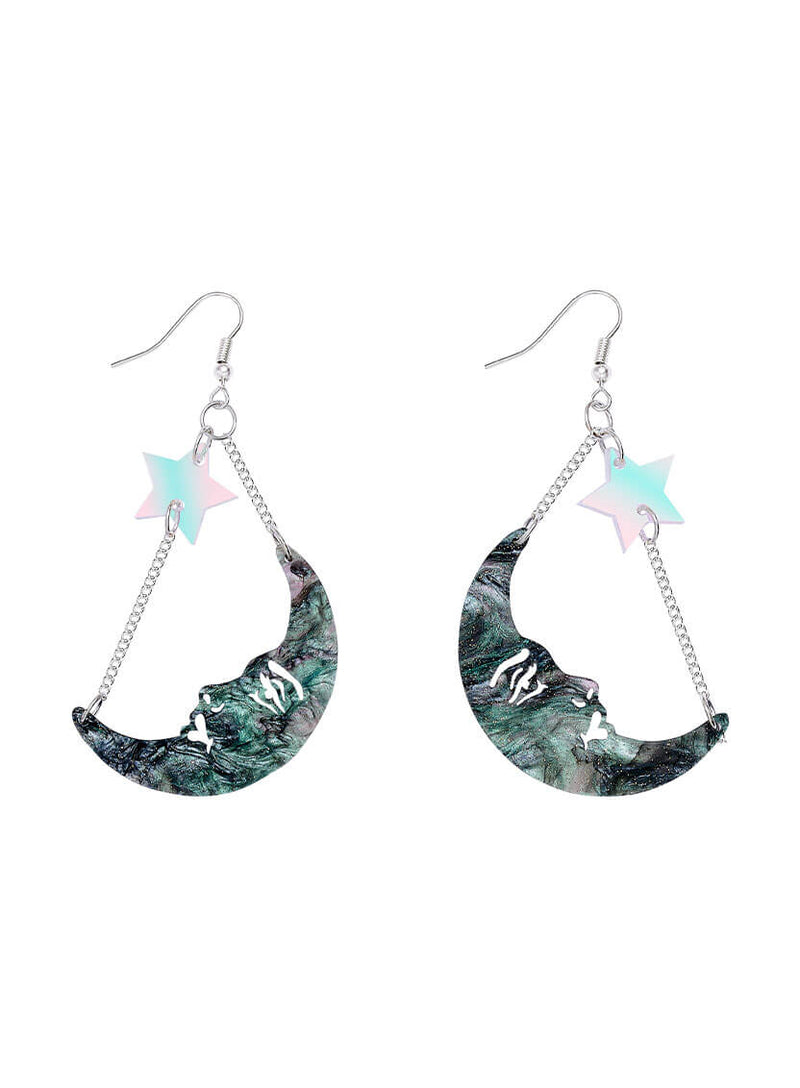 Moon and star chain drop earrings handmade from galaxy swirl acrylic