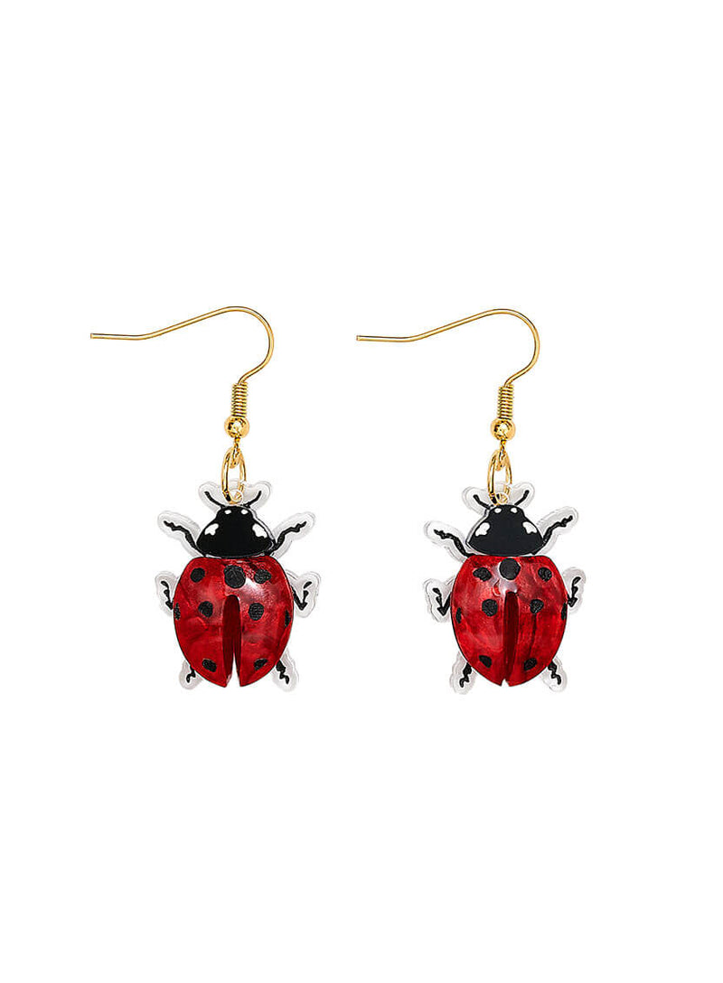 Ladybug Earrings with clear acrylic, etched legs and red pearlescent bodies