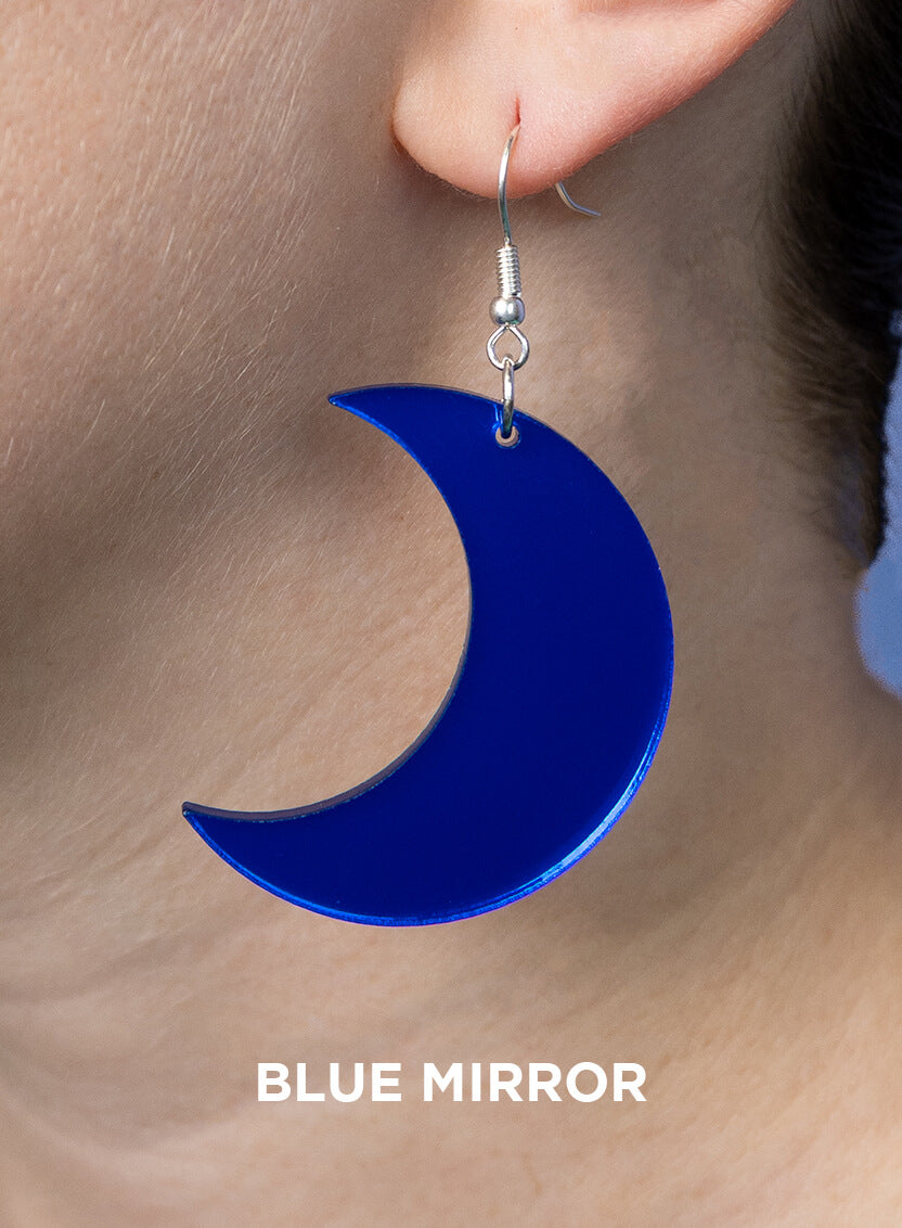 Large moon earrings made from blue mirror acrylic