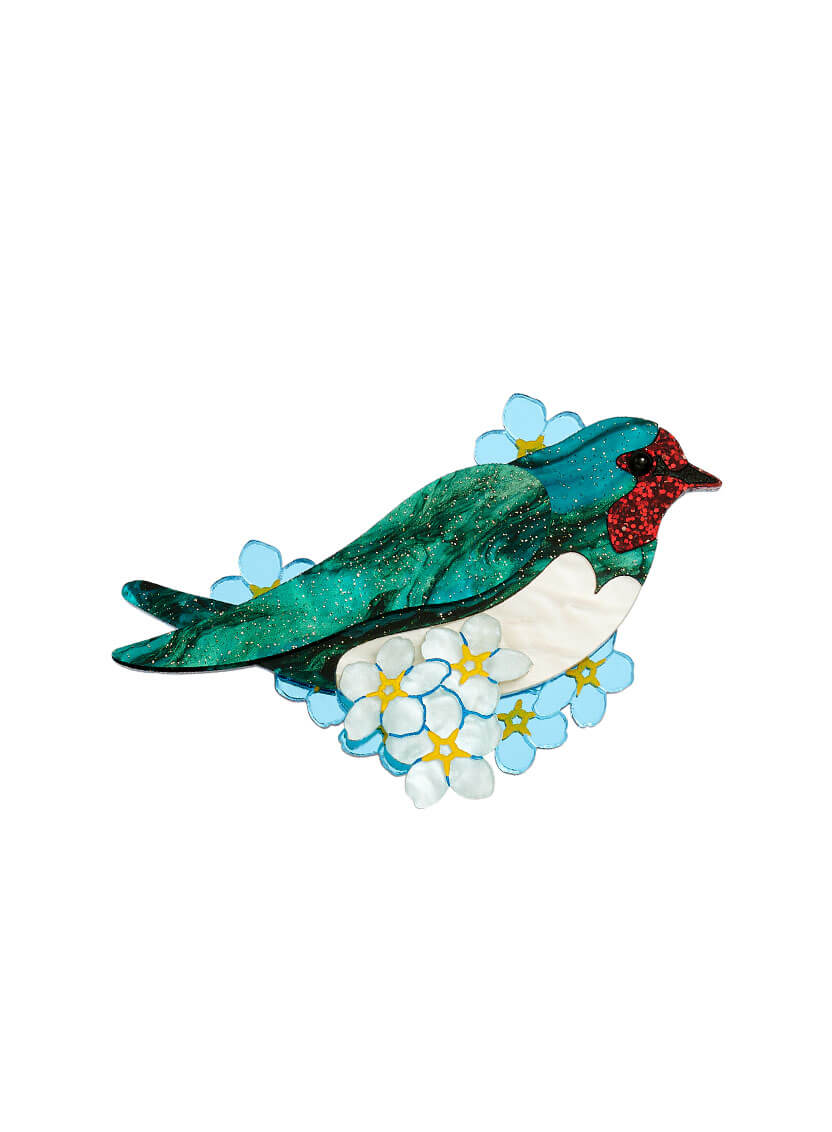 Love Bird Brooch handmade from glitter-flecked acrylic