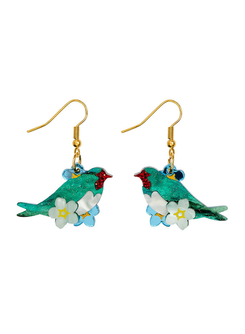 Love Bird Earrings handmade from glitter-flecked acrylic