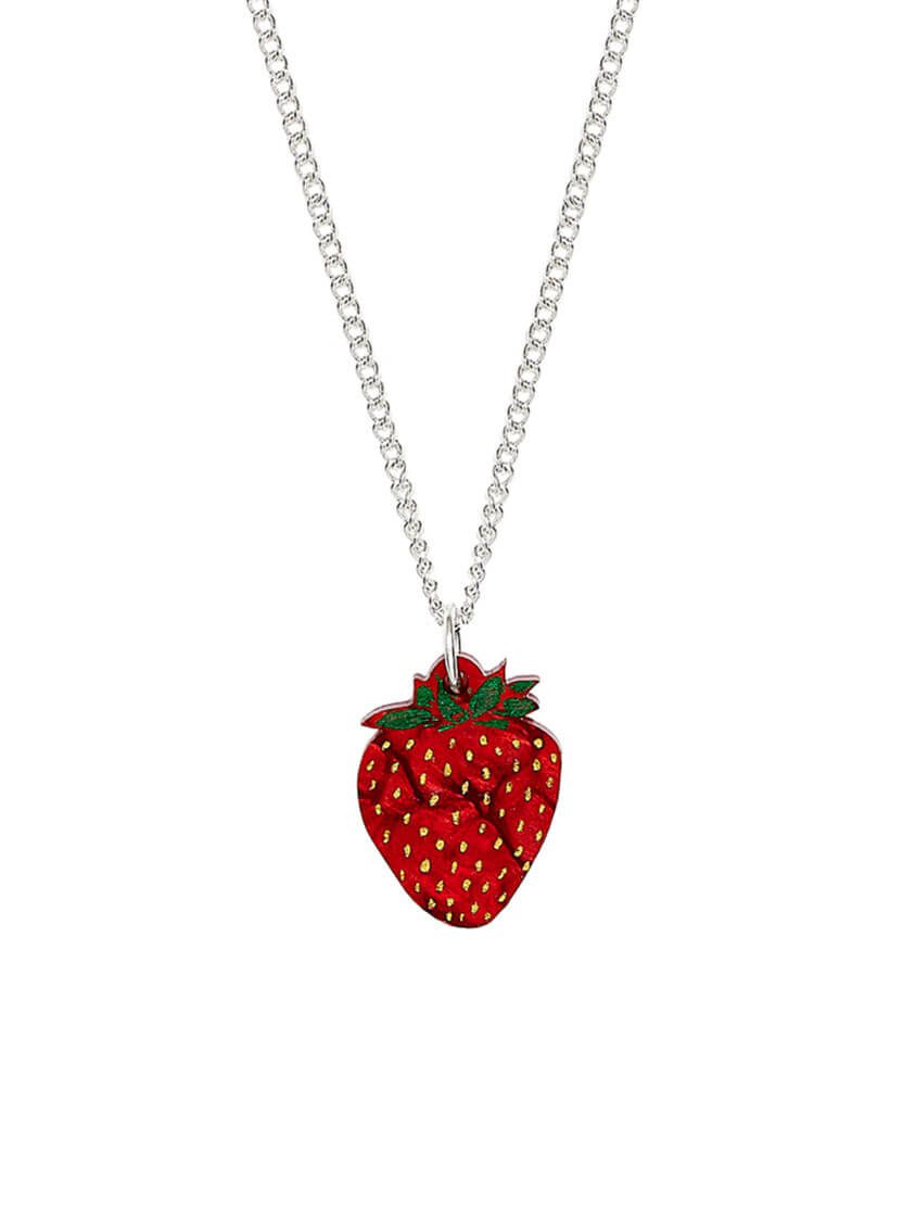 Mini Strawberry Pendant made with marble red acrylic etches with seeds and stalk