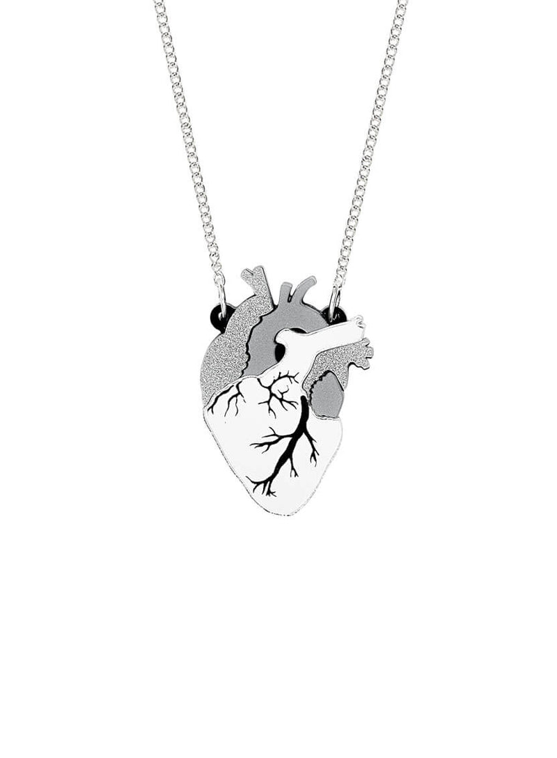 Anatomical Heart Necklace handmade from silver mirror and glitter acrylic