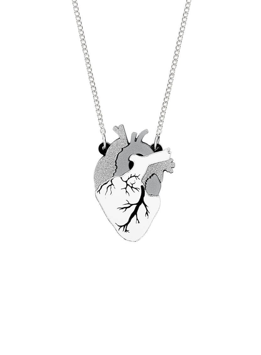 Anatomical Heart Necklace handmade from silver mirror and glitter acrylic