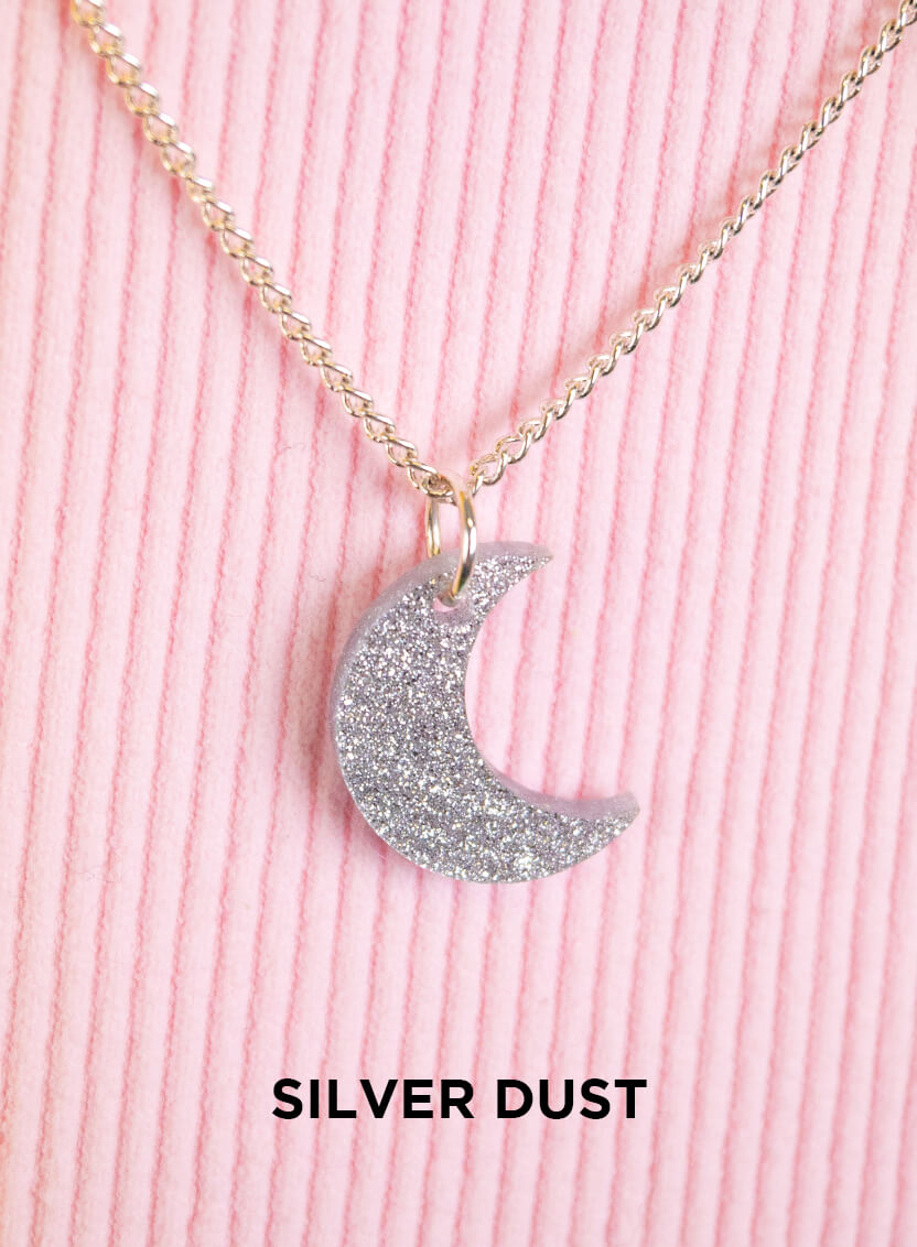 Small Moon Necklace made from silver dust glitter acrylic