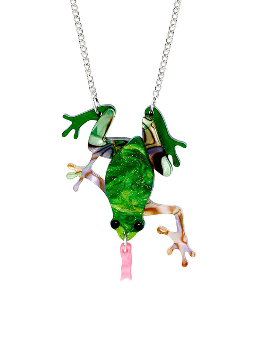 Pearly Frog Necklace handmade from green glitter flecked acrylic with a pink tongue