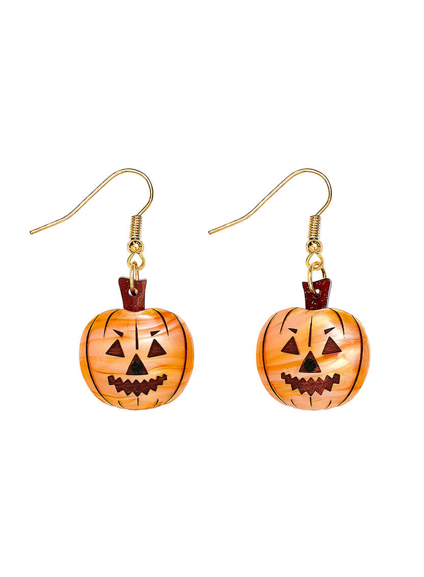 Pumpkin Earrings handmade from pearly orange acrylic with etched carved details