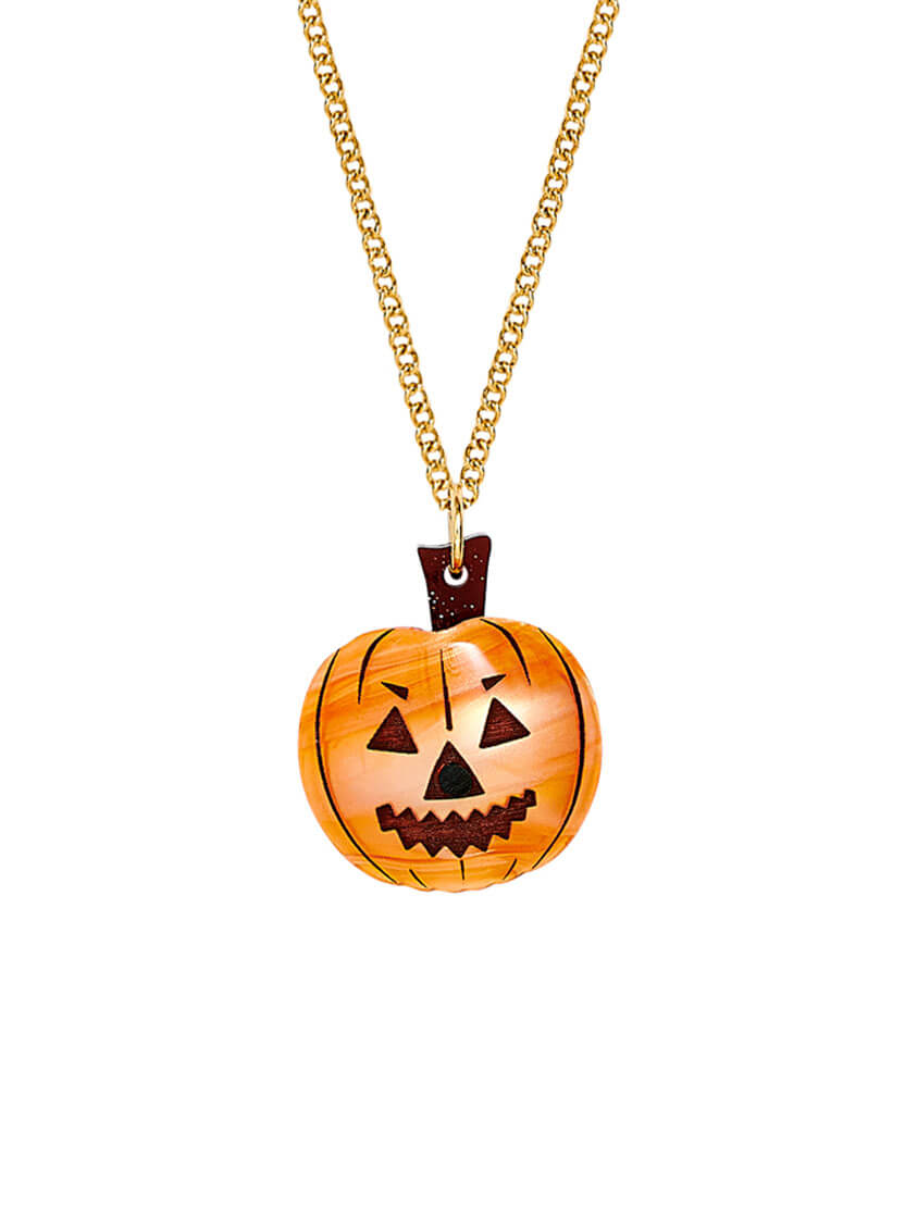 Pumpkin Pendant handmade from curved orange pearlescent acrylic with etched Halloween carving detail