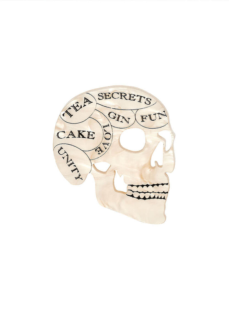 Phrenology Skull Brooch with Tea, Secrets, Cake, Unity, Love, Gin and Fun etched and inked