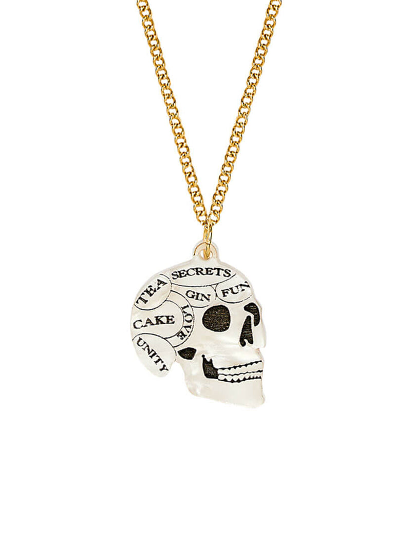 Phrenology Skull Pendant Necklace with etched thoughts