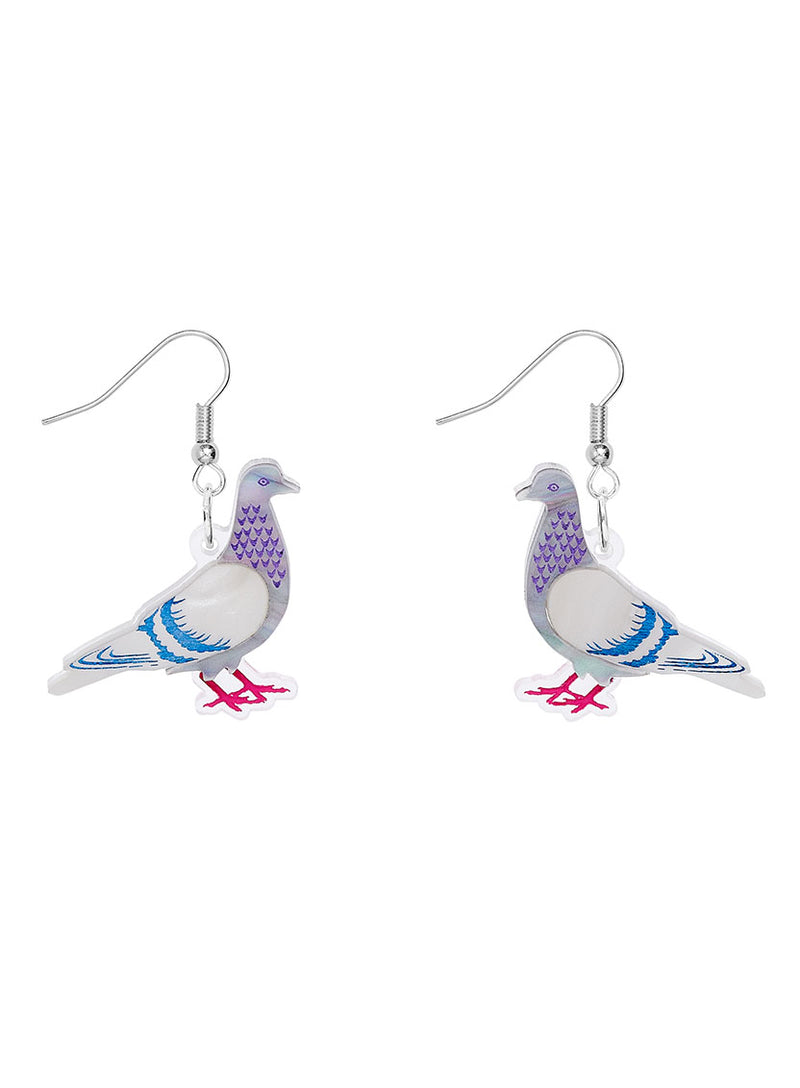 Pigeon Earrings, handmade from etched acrylic