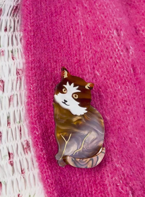 Brown Tortoiseshell Cat Brooch hand-inked with gold details and white face