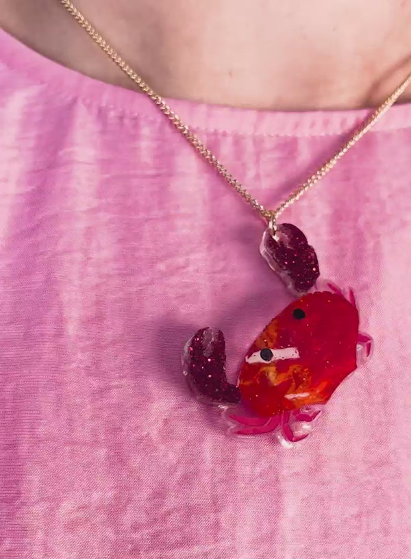 Crab Pendant Necklace - Red Glitter Acrylic