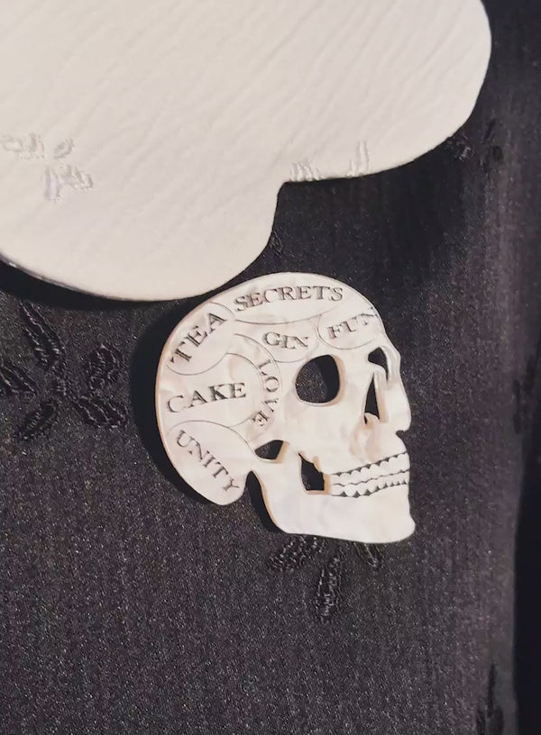 Phrenology Skull Brooch with Tea, Secrets, Cake, Unity, Love, Gin and Fun etched and inked