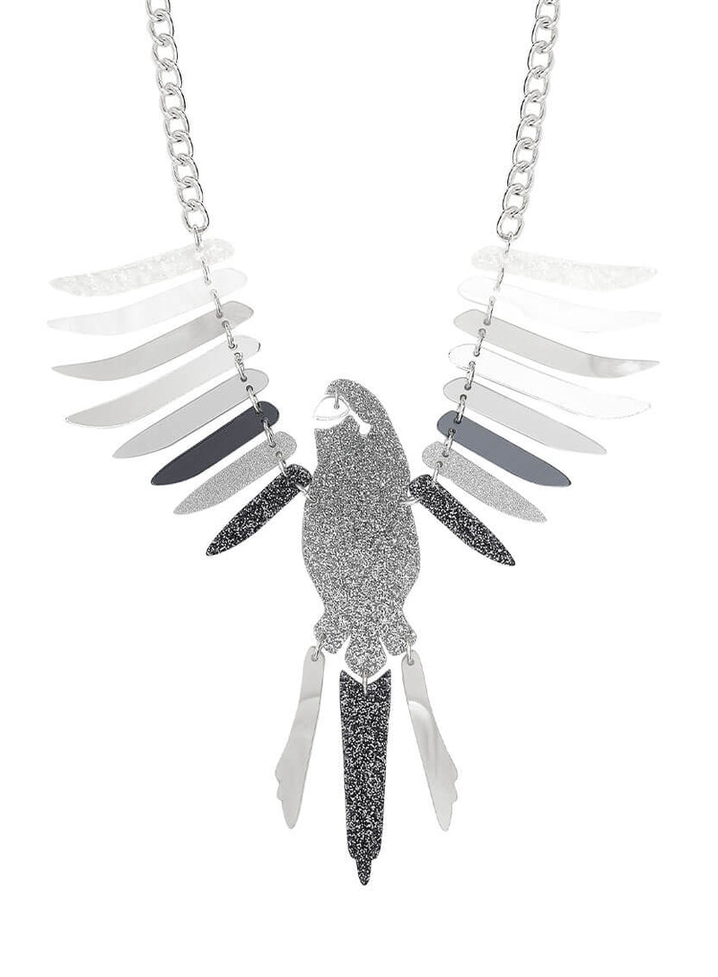 Sparkling Silver Parakeet Party Necklace made from acrylic