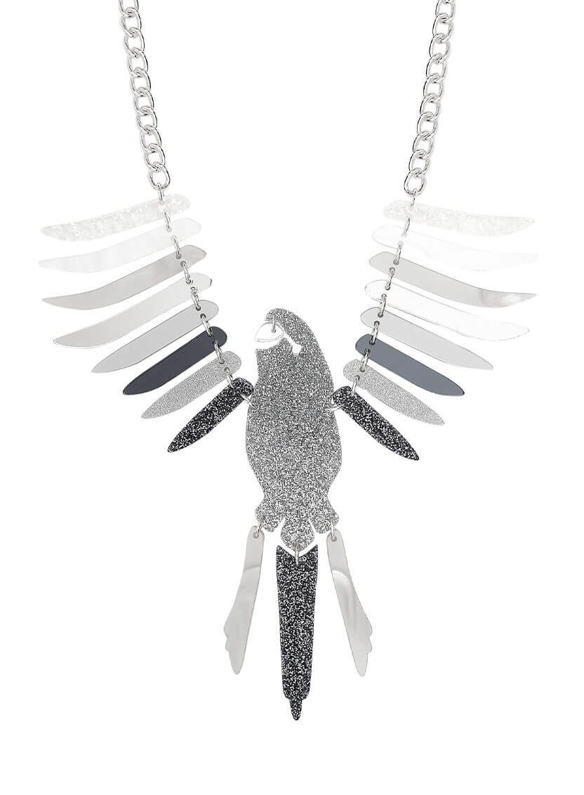 Sparkling Silver Parakeet Party Necklace made from acrylic