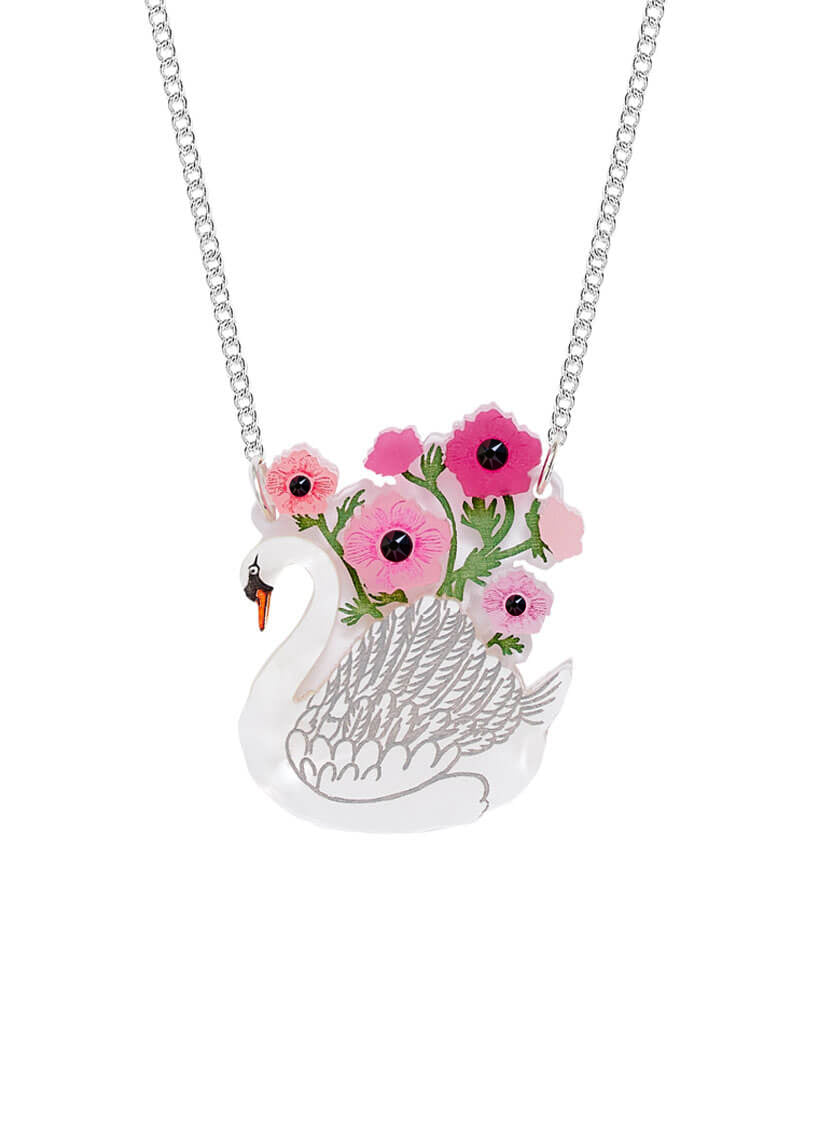 Vintage Swan Vase Necklace made from pearlescent acrylic with pink flowers