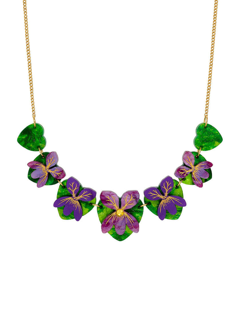 Sweet Violet Flower Necklace handmade from purple and green glitter-flecked acrylic