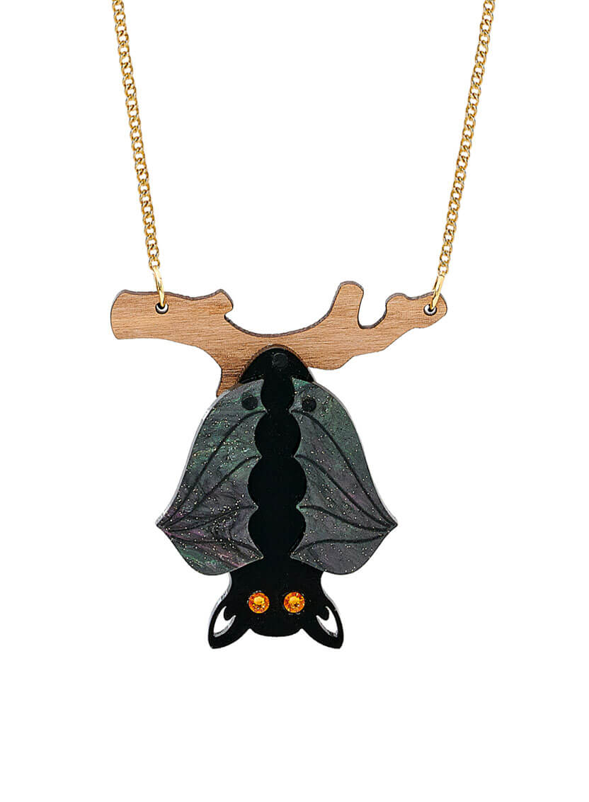 Vampire Bat Necklace with Wooden Branch and glitter flecked acrylic wings