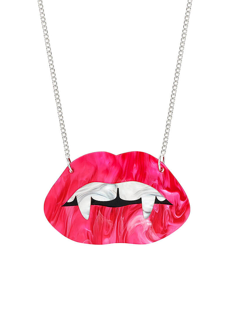 Vampire Bling Necklace - Pearlescent Pink Acrylic lips with vampire teeth