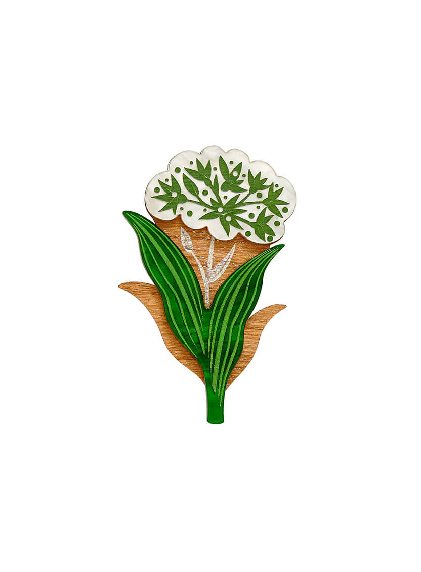 Wild Garlic Brooch handmade from wood and acrylic with etched details