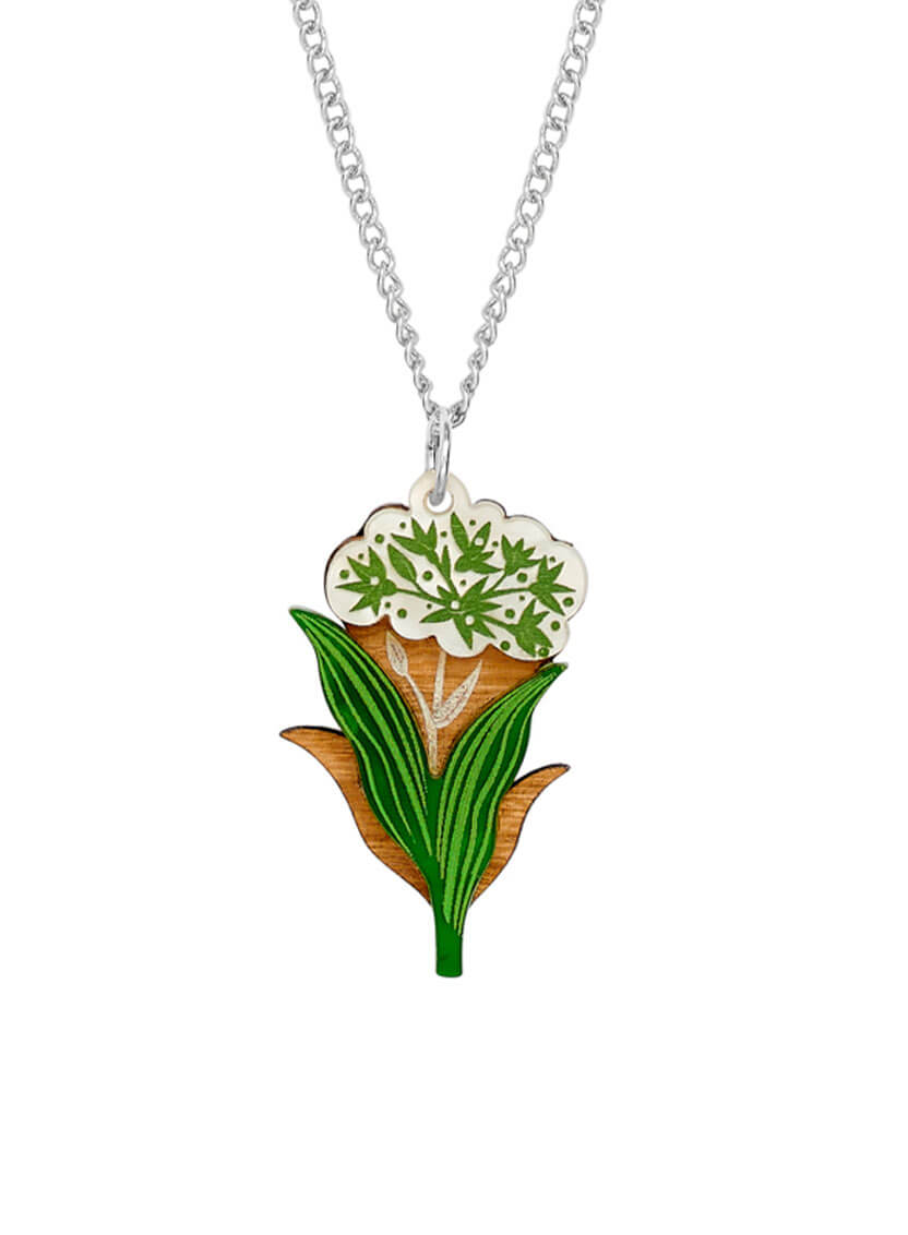 Wild Garlic Pendant handmade from wood and acrylic with etched details